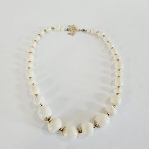 Vintage Single Strand Chunky Lucite Gold Filigree White Beaded Choker Necklace